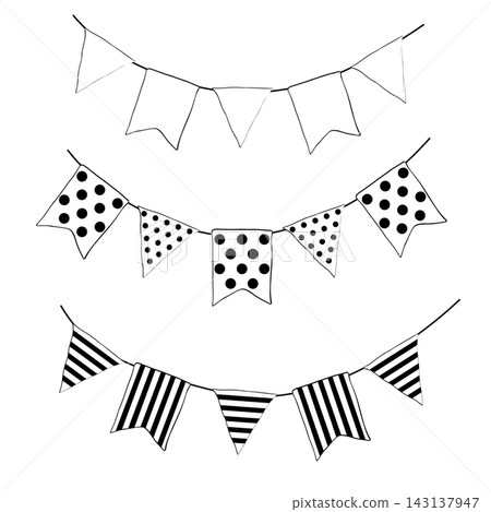 colorful flags for holiday banner, birthday invitations, party invitations Happy birthday composition Black and white hand drawn illustration. Vector graphic line ink art. for package, textile colorful flags for holiday banner, birthday invitations, party invitations Happy birthday composition Black and white hand drawn illustration. Vector graphic line ink art. for package, textile 143137947