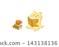 Cute cat enjoying reading and tea - watercolor illustration 143138136