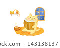 A cute cat enjoying reading and tea in a warm room - Autumn/Winter watercolor illustration 143138137