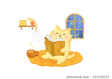 A cute cat enjoying reading and tea in a warm room - Autumn/Winter watercolor illustration A cute cat enjoying reading and tea in a warm room - Autumn/Winter watercolor illustration 143138137