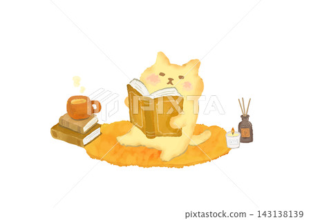 一隻可愛的貓咪在溫暖的房間裡享受著閱讀和品茶——秋冬水彩插畫 143138139
