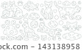 A set of illustrations featuring a cat with a Japanese-style cloud pattern and decorative accents. 143138958