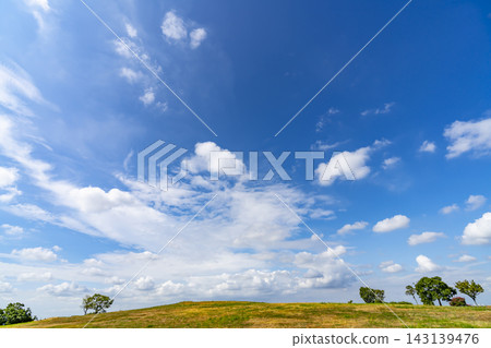 夏天的藍天、白雲和草地 143139476