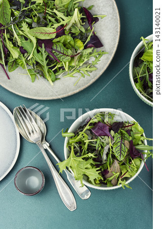 Healthy fresh green salad leaves on plate Healthy fresh green salad leaves on plate 143140021