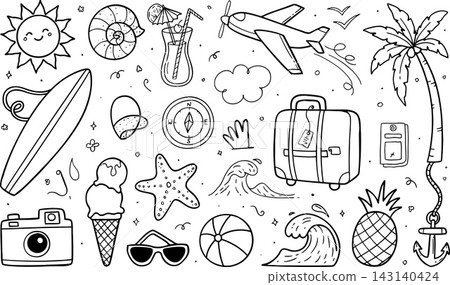 Hand drawn collection of summer vacation doodle elements and travel design 143140424