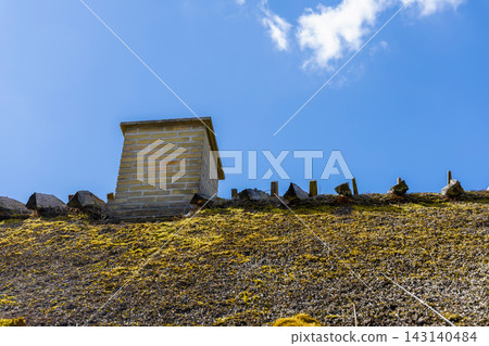 Old Scandinavian thatched roof in need of renovation under blue sky. Old Scandinavian thatched roof in need of renovation under blue sky. 143140484