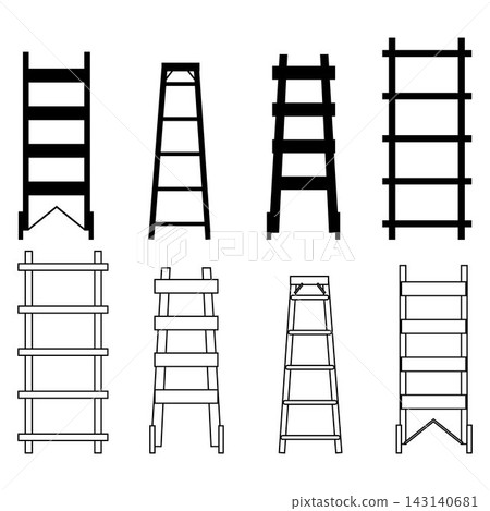 Step and extension ladder tools icon set featuring dual style line art and solid black glyph icons Step and extension ladder tools icon set featuring dual style line art and solid black glyph icons 143140681