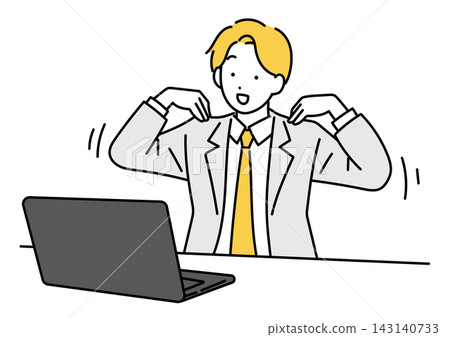 An illustration of a male office worker rotating his shoulders at his desk. An illustration of a male office worker rotating his shoulders at his desk. 143140733