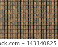Green mossy weathered roof tile texture top view for aged building and rustic house design 143140825