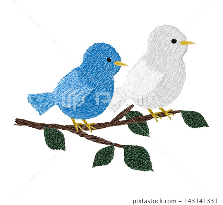 [Background material of two small birds perched on a branch] Hand-embroidered illustration material 143141331