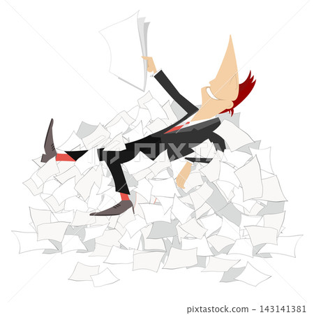 Smiling manager lays on a pile of papers. Office work. File clerk lays on a huge pile of papers  143141381