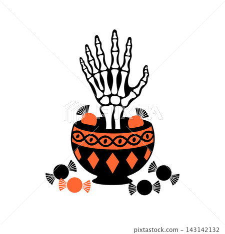 Spooky halloween skeleton hand candy bowl illustration Spooky halloween skeleton hand candy bowl illustration 143142132