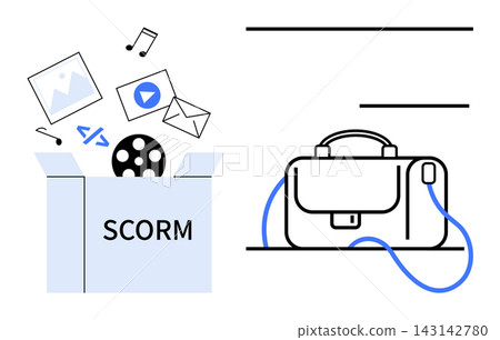 E-Learning, digital education, online training, instructional content delivery, multimedia sharing, professional skills tools. SCORM package with icons and a business briefcase. E-learning and online E-Learning, digital education, online training, instructional content delivery, multimedia sharing, professional skills tools. SCORM package with icons and a business briefcase. E-learning and online 143142780