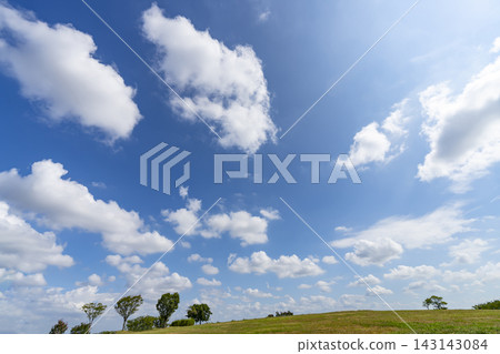 夏天的藍天、白雲和草地 143143084