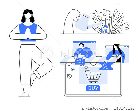 Wellness, e-commerce, cashback, environmental sustainability, online shopping, financial benefits. A person in a yoga pose, a hand watering plants and an e-commerce interface. Wellness Wellness, e-commerce, cashback, environmental sustainability, online shopping, financial benefits. A person in a yoga pose, a hand watering plants and an e-commerce interface. Wellness 143143152