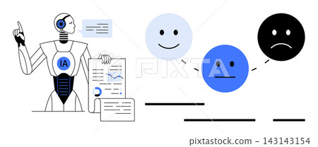 Emotional analysis, data processing, technology, AI interaction, decision making, feedback systems. A robot with charts and connected emotion icons. Emotional analysis and data processing concept 143143154
