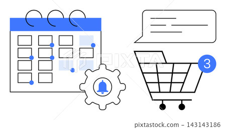 E-commerce, productivity, planning, online reminders, digital shopping, notifications. A calendar with notifications, a shopping cart and a speech bubble. E-commerce and productivity concept E-commerce, productivity, planning, online reminders, digital shopping, notifications. A calendar with notifications, a shopping cart and a speech bubble. E-commerce and productivity concept 143143186
