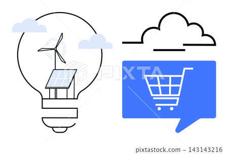 Renewable energy, online shopping, sustainability, green technology, cloud computing, e-commerce. Solar panel inside a bulb and shopping cart in a cloud. Renewable energy and online shopping Renewable energy, online shopping, sustainability, green technology, cloud computing, e-commerce. Solar panel inside a bulb and shopping cart in a cloud. Renewable energy and online shopping 143143216