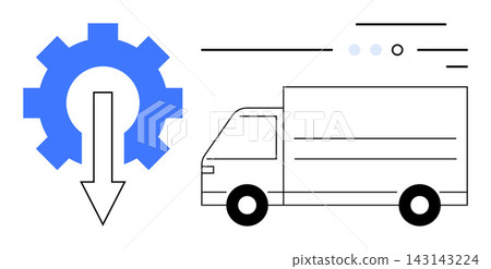 Logistics, supply chain, delivery, technology integration, efficiency, transportation. Blue gear with arrow pointing down beside a delivery truck. Logistics and supply chain concept Logistics, supply chain, delivery, technology integration, efficiency, transportation. Blue gear with arrow pointing down beside a delivery truck. Logistics and supply chain concept 143143224