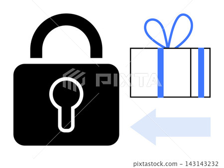 Online shopping, secure transactions, gift delivery, ecommerce safety, data protection, logistics. Black lock, gift box with bow and arrow. Secure transactions and gift delivery concept Online shopping, secure transactions, gift delivery, ecommerce safety, data protection, logistics. Black lock, gift box with bow and arrow. Secure transactions and gift delivery concept 143143232