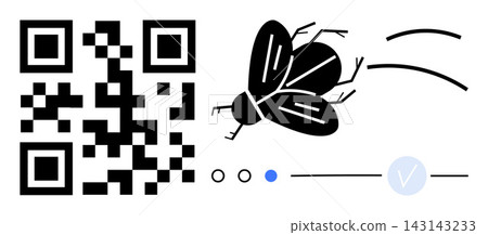 Digital security, pest control, data verification, logistics tracking, inspection, information encoding. QR code, fly graphic verification mark dotted lines. Digital security and pest control Digital security, pest control, data verification, logistics tracking, inspection, information encoding. QR code, fly graphic verification mark dotted lines. Digital security and pest control 143143233