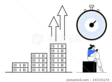 Business growth, productivity, efficiency, time management, data analysis, personal research. Stacked bar chart with arrows, a timer person using a tablet. Productivity and business growth Business growth, productivity, efficiency, time management, data analysis, personal research. Stacked bar chart with arrows, a timer person using a tablet. Productivity and business growth 143143234