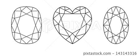 Cushion, Oval, Heart diamond cut icons. Design diagram. Brilliant Heart, Oval, Cushion cut shape layouts. Diamond top view. Precious gemstone outline patterns for jewellery design, branding, logos. Cushion, Oval, Heart diamond cut icons. Design diagram. Brilliant Heart, Oval, Cushion cut shape layouts. Diamond top view. Precious gemstone outline patterns for jewellery design, branding, logos. 143143316
