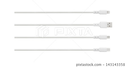 Set of white USB charging cables isolated on white background with lightning type c and micro plugs Set of white USB charging cables isolated on white background with lightning type c and micro plugs 143143358