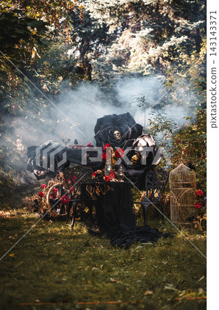 Dark Romantic Still Life with Black Roses and Antique Mirror Dark Romantic Still Life with Black Roses and Antique Mirror 143143371