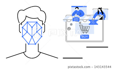 Digital security, e-commerce, online payment, identity verification, cashback rewards, user personalization. Face with data overlay and shopping cart screen. Digital security and e-commerce theme Digital security, e-commerce, online payment, identity verification, cashback rewards, user personalization. Face with data overlay and shopping cart screen. Digital security and e-commerce theme 143143544