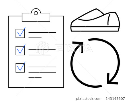 Sustainability, eco-consciousness, recycling processes, green lifestyle, waste reduction, environmental choices. A checklist, recycle icon and shoe. Sustainability and eco-consciousness concepts Sustainability, eco-consciousness, recycling processes, green lifestyle, waste reduction, environmental choices. A checklist, recycle icon and shoe. Sustainability and eco-consciousness concepts 143143607