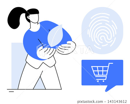 Sustainable shopping, eco-conscious buying, data security, digital identity, online retail, authentication. Woman holding a leaf, fingerprint symbol shopping cart icon. Sustainable shopping Sustainable shopping, eco-conscious buying, data security, digital identity, online retail, authentication. Woman holding a leaf, fingerprint symbol shopping cart icon. Sustainable shopping 143143612