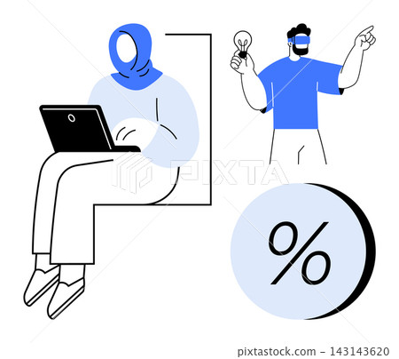 Remote work, creativity, financial analysis, digital learning, teamwork, business innovation. Woman typing on laptop, man holding light bulb percentage icon. Remote work and creativity concept Remote work, creativity, financial analysis, digital learning, teamwork, business innovation. Woman typing on laptop, man holding light bulb percentage icon. Remote work and creativity concept 143143620
