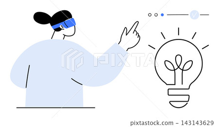 Virtual reality, innovation, creativity, digital ideas, technology, future concepts. A woman wearing VR glasses points to a digital interface and a glowing lightbulb. Innovation and creativity Virtual reality, innovation, creativity, digital ideas, technology, future concepts. A woman wearing VR glasses points to a digital interface and a glowing lightbulb. Innovation and creativity 143143629