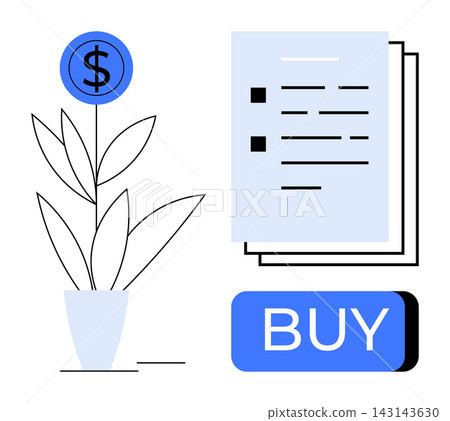 Finance, investment, online shopping, economic growth, digital marketing, e-commerce. Dollar coin growing on a plant, document and buy button. Finance and investment illustrated Finance, investment, online shopping, economic growth, digital marketing, e-commerce. Dollar coin growing on a plant, document and buy button. Finance and investment illustrated 143143630