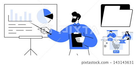 Business presentations, team analysis, e-commerce, file management, customer data, and marketing. Person pointing at charts and holding clipboard. Business presentations and e-commerce concepts Business presentations, team analysis, e-commerce, file management, customer data, and marketing. Person pointing at charts and holding clipboard. Business presentations and e-commerce concepts 143143631