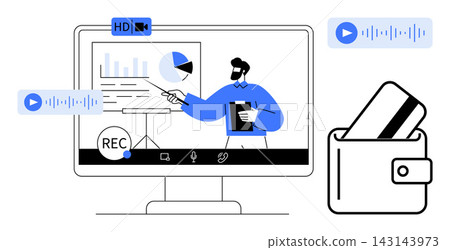 Online learning, digital transactions, virtual collaboration, video streaming, e-commerce, and online tools. A person presenting data on a monitor with a wallet. Online learning and digital 143143973