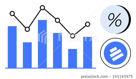 Data analysis, performance tracking, business growth, financial reporting, analytics tools, digital strategy. Bar chart and line graph with percentage icons. Data analysis and performance tracking 143143975