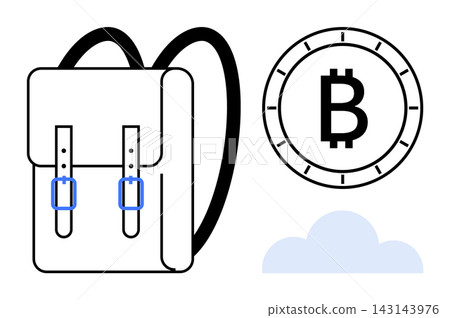 Cryptocurrency, blockchain, finance, education, digital transactions, cloud storage. Backpack next to Bitcoin symbol and a cloud. Cryptocurrency and blockchain concepts Cryptocurrency, blockchain, finance, education, digital transactions, cloud storage. Backpack next to Bitcoin symbol and a cloud. Cryptocurrency and blockchain concepts 143143976
