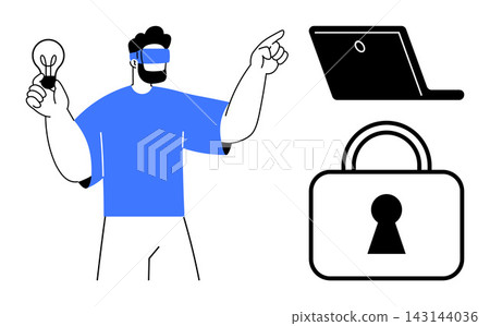 Cybersecurity, digital innovation, privacy, virtual reality, technology, creative thinking. A man wearing VR goggles holding a light bulb and pointing, alongside a laptop and lock icon. Cybersecurity Cybersecurity, digital innovation, privacy, virtual reality, technology, creative thinking. A man wearing VR goggles holding a light bulb and pointing, alongside a laptop and lock icon. Cybersecurity 143144036