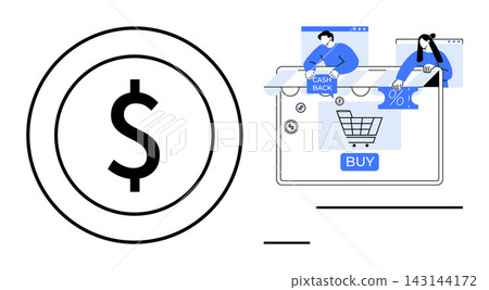 E-commerce, cashback rewards, digital transactions, online payments, retail shopping, financial management. Dollar symbol and digital shopping cart. E-commerce and cashback rewards concepts E-commerce, cashback rewards, digital transactions, online payments, retail shopping, financial management. Dollar symbol and digital shopping cart. E-commerce and cashback rewards concepts 143144172