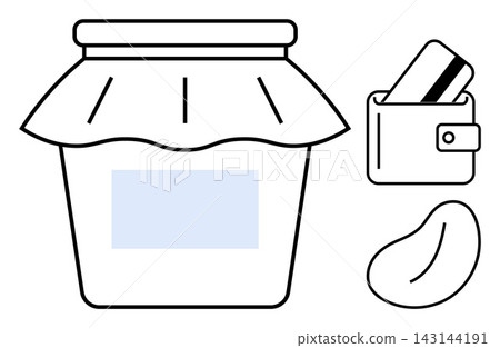 Financial planning, budgeting, savings, consumer habits, payment systems, economic concepts. A jar, wallet with credit card and bean outline. Financial planning and budgeting visualization concepts Financial planning, budgeting, savings, consumer habits, payment systems, economic concepts. A jar, wallet with credit card and bean outline. Financial planning and budgeting visualization concepts 143144191