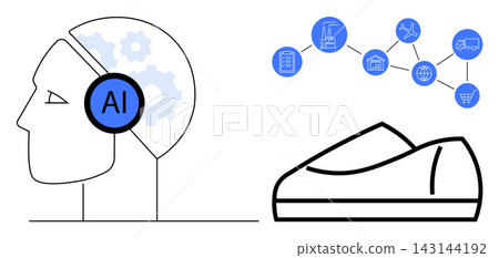 Artificial intelligence, industrial processes, automation, technology transformation, innovation, smart systems. Profile view of AI symbol and industry icons. AI integration and industrial processes Artificial intelligence, industrial processes, automation, technology transformation, innovation, smart systems. Profile view of AI symbol and industry icons. AI integration and industrial processes 143144192