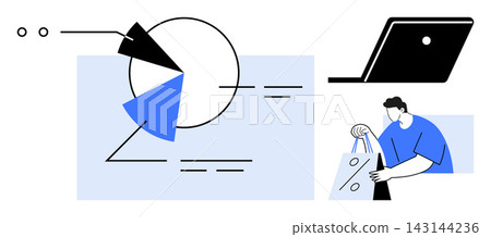 Data analysis, e-commerce, financial growth, online shopping, consumer behavior, analytics. Circular data chart, laptop person holding shopping bag with percentage sign. Data analysis and e-commerce Data analysis, e-commerce, financial growth, online shopping, consumer behavior, analytics. Circular data chart, laptop person holding shopping bag with percentage sign. Data analysis and e-commerce 143144236
