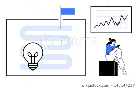 Business planning, innovation, goal setting, market research, growth strategy, financial analysis. Light bulb, flag growth graph and woman with tablet. Business planning and innovation concept 143144237