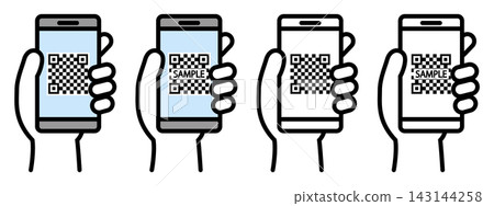 A set of illustrations showing a QR code on a smartphone held in the hand | Payment/Scanning image A set of illustrations showing a QR code on a smartphone held in the hand | Payment/Scanning image 143144258
