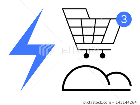 E-commerce, online shopping, technology integration, cloud computing, digital notifications, speed. Shopping cart with notification, cloud icon lightning bolt. E-commerce and cloud computing E-commerce, online shopping, technology integration, cloud computing, digital notifications, speed. Shopping cart with notification, cloud icon lightning bolt. E-commerce and cloud computing 143144264