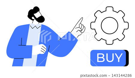 E-commerce, settings, purchase processes, configuration, online shopping, business. A man points at a gear icon and a buy button. E-commerce and configuration illustrated through clear visuals E-commerce, settings, purchase processes, configuration, online shopping, business. A man points at a gear icon and a buy button. E-commerce and configuration illustrated through clear visuals 143144286