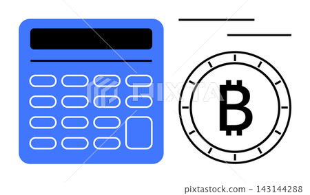 Cryptocurrency, blockchain, financial management, currency conversion, digital economy, investment tools. A blue calculator next to a Bitcoin symbol. Cryptocurrency and blockchain finance concept Cryptocurrency, blockchain, financial management, currency conversion, digital economy, investment tools. A blue calculator next to a Bitcoin symbol. Cryptocurrency and blockchain finance concept 143144288