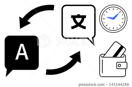 Language tools, global communication, payment methods, e-commerce, time management, financial systems. Arrows connecting language symbols, clock and wallet illustration. Language tools and global Language tools, global communication, payment methods, e-commerce, time management, financial systems. Arrows connecting language symbols, clock and wallet illustration. Language tools and global 143144289